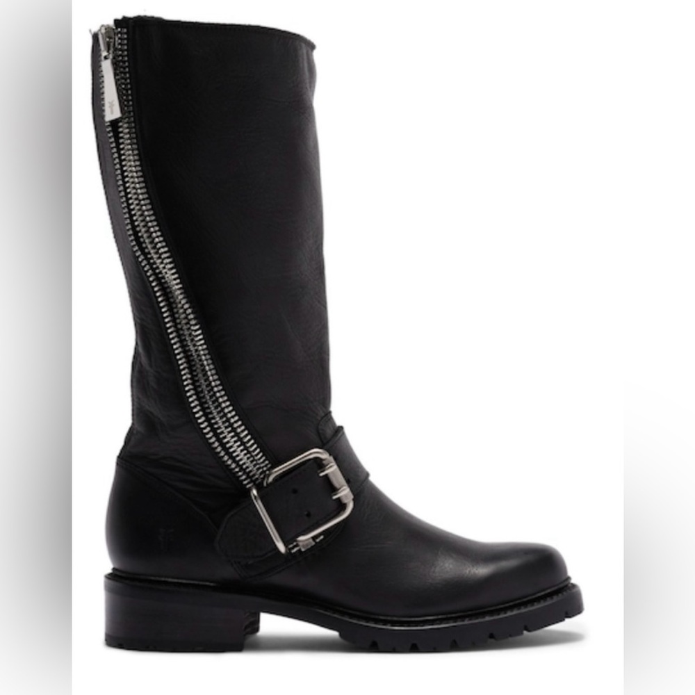 FRYE Samantha Black Heeled Boots Zipper Moto Boots